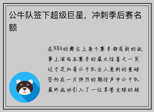公牛队签下超级巨星，冲刺季后赛名额