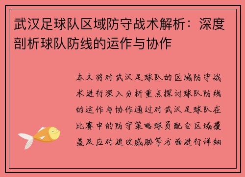 武汉足球队区域防守战术解析：深度剖析球队防线的运作与协作